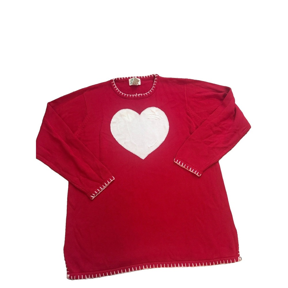 Vintage QVC Quaker Factory Heart Sweater Red White Embroidered Sz L